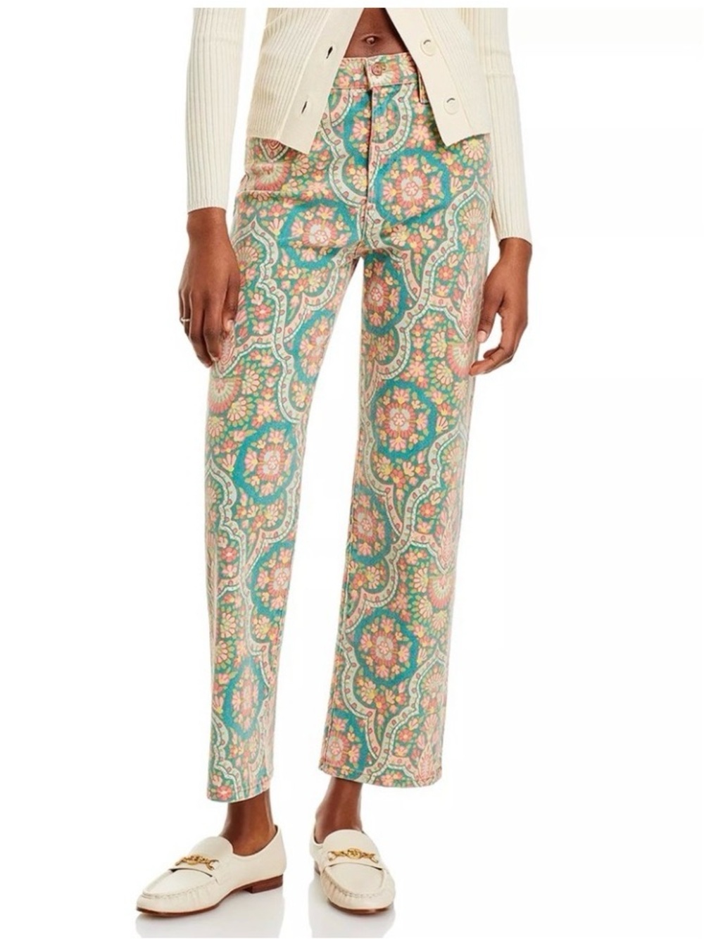 MOTHER Straight-Leg Jeans in Teal and Blush Medallion Print